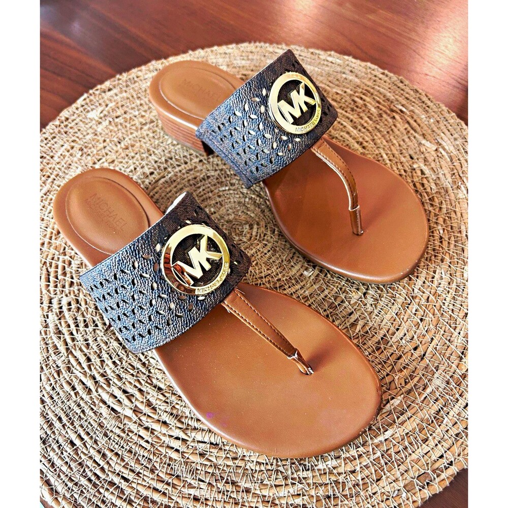 Michael Kors Women’s Brown/Black/Gold PU Thong Slide Sandals Logo US 5.5M